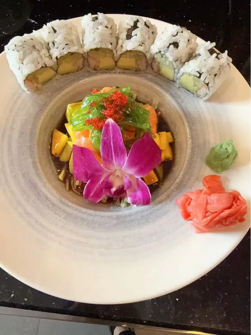Salmon with mango salad and California roll platter at Mindy's Place - Middletown RI, an Asian Fusion Restaurant in Middletown